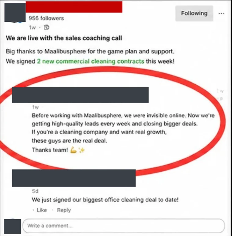 LinkedIn post reading "We signed 2 new commercial cleaning contracts this week!", with a comment: "Before working with Maalibusphere, we were invisible online. Now we're getting high-quality leads every week and closing bigger deals."
