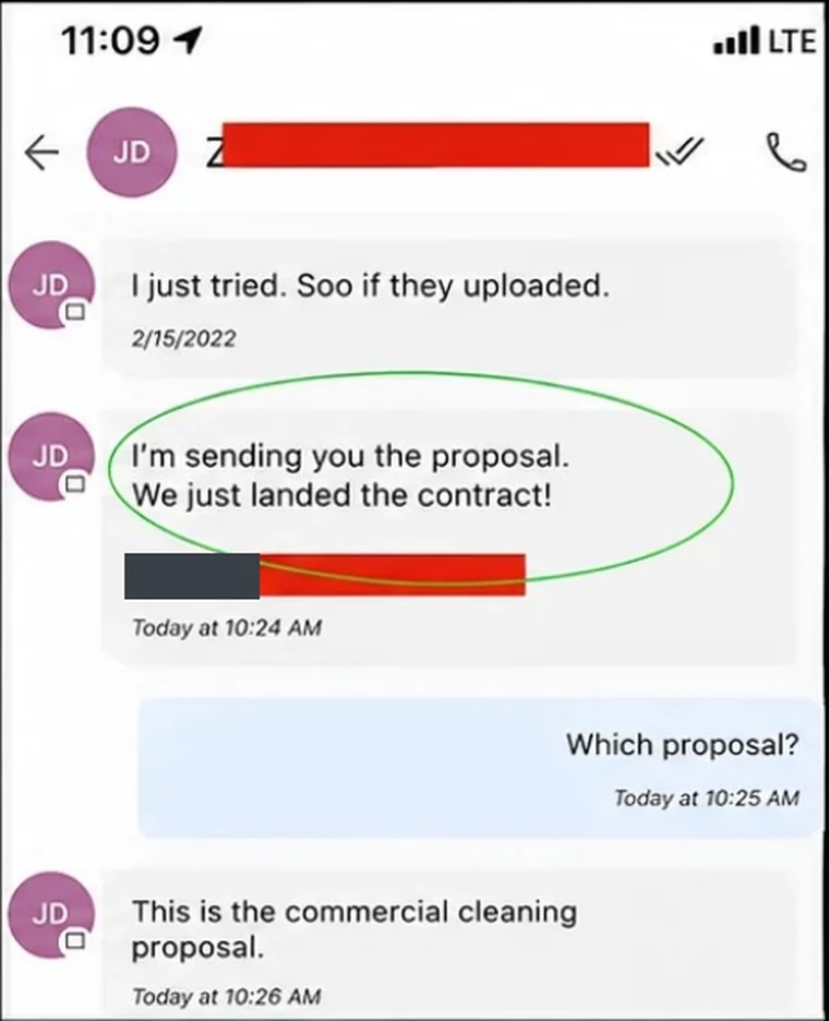 Text thread: "I'm sending you the proposal. We just landed the contract!" followed by "This is the commercial cleaning proposal."