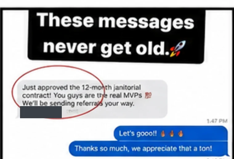 Text message: "Just approved the 12-month janitorial contract! You guys are the real MVPs. We'll be sending referrals your way."