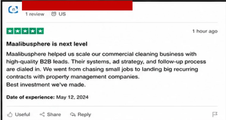 Five-star review headed "Maalibusphere is next level": "We went from chasing small jobs to landing big recurring contracts with property management companies. Best investment we've made."